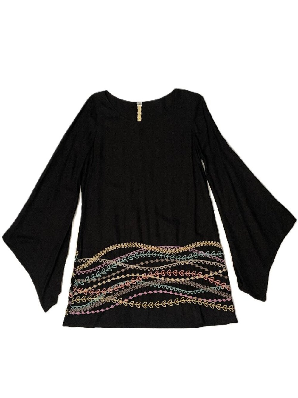Uncle Frank Tunic Top Small Embroidered Black Bell Sleeve Artsy Festival 70s